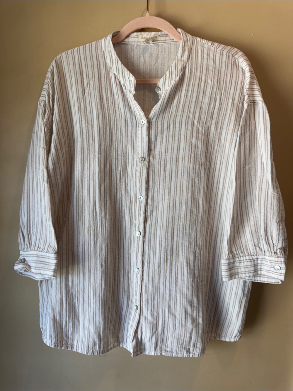 Eileen Fisher White Button-Down Tunic with Tan Stripes
